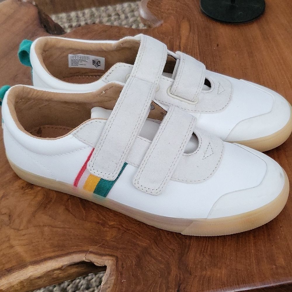 Toms White Sneakers with Yellow, Green, and Red Stripes